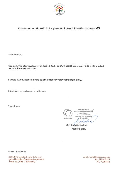 Oznámení o rekonstrukci a přerušení prázdninového provozu MŠ
